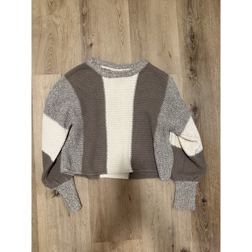 Entro Color Block Chunky Knit Cropped Sweater Balloon Sleeve Size L